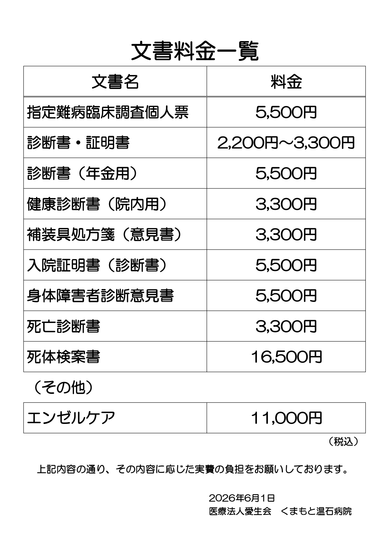 文書料金一覧